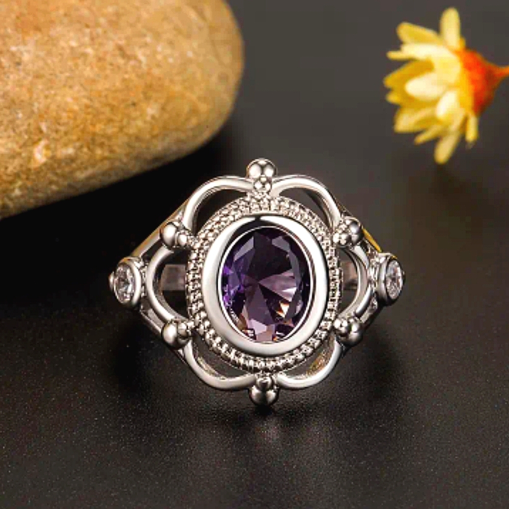 Oval Purple & Clear CZ Framed Ring